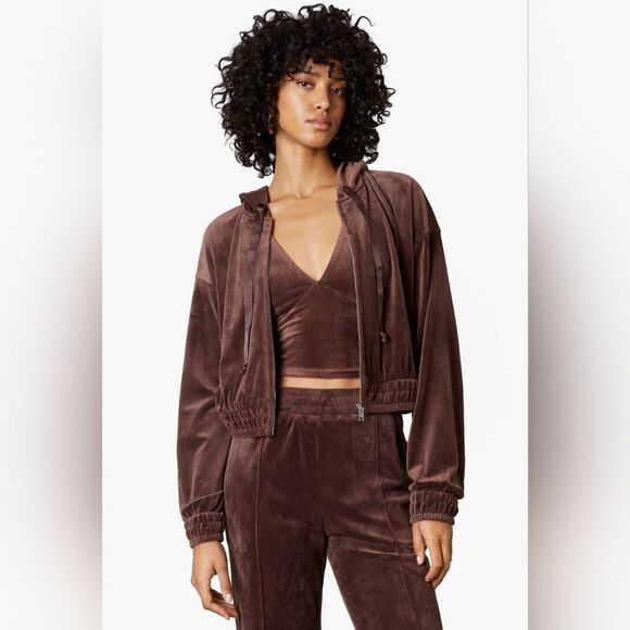 NWT Coffee Brown Velour Velvet Cropped Hoodie M Relaxed Fit - Picture 15 of 16